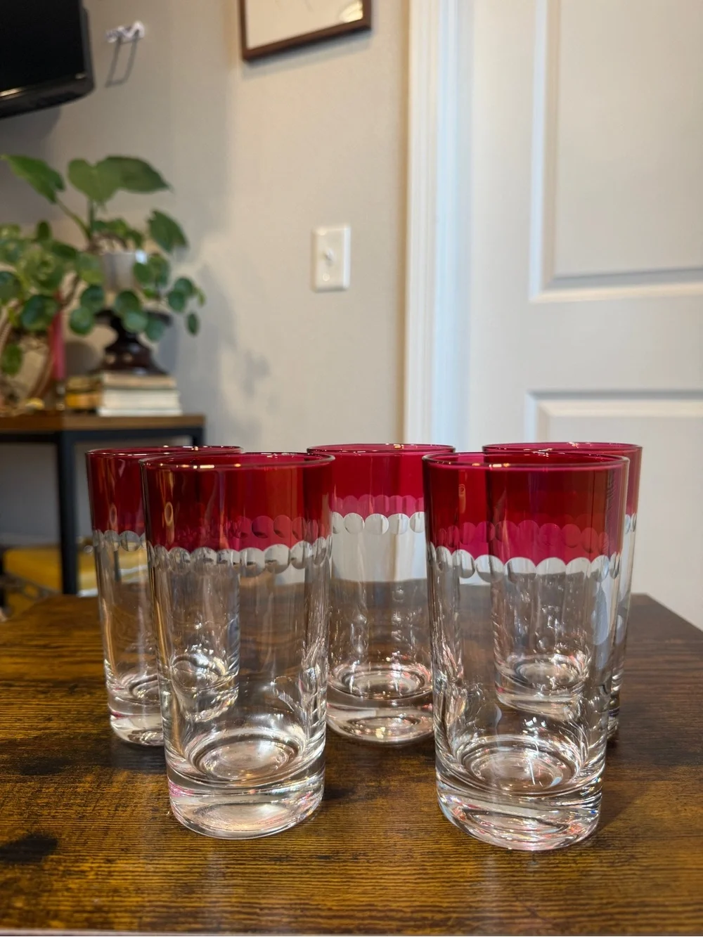 Vintage Ruby Red Cut to Clear Highball Glasses Set of 5 Scalloped Dot Tumblers